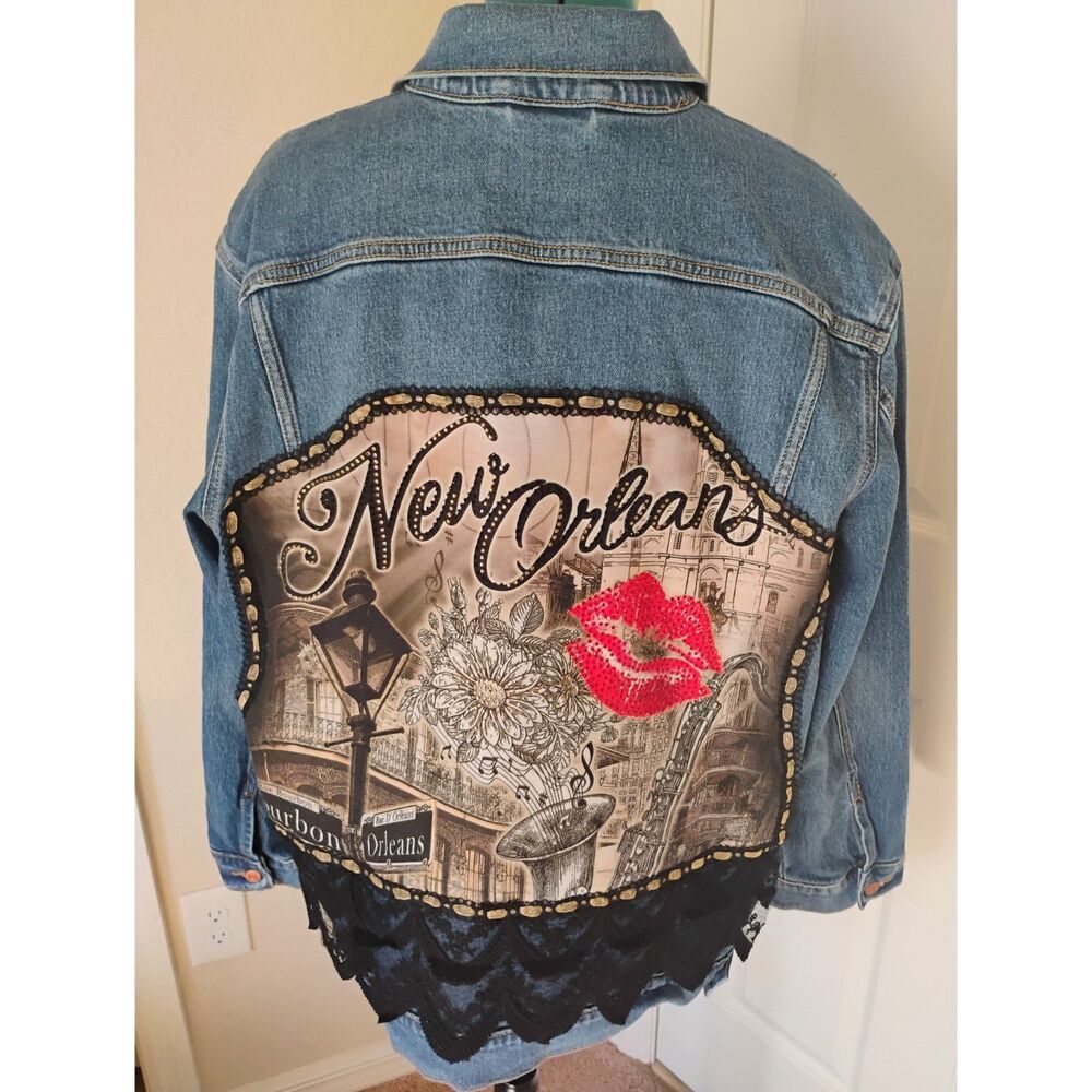 One-of-a-Kind Embellished PINK Denim Trucker Jacket New Orleans Large